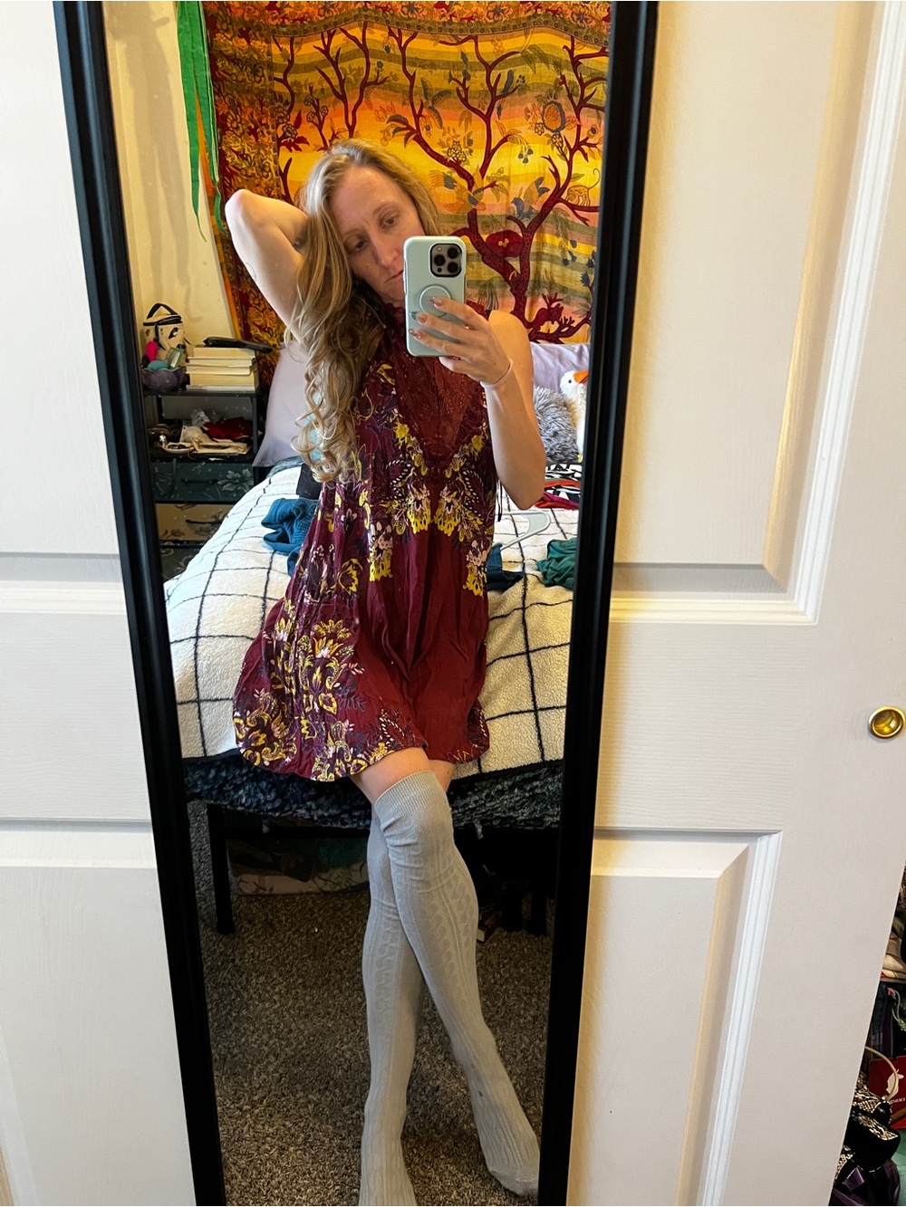 Free People Burgundy Floral Mini Dress with Yellow Accents